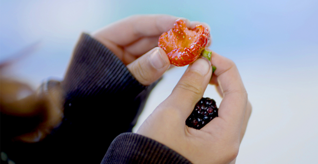 student holds strawberry