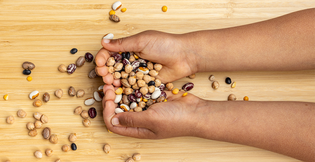 student hands holding beans